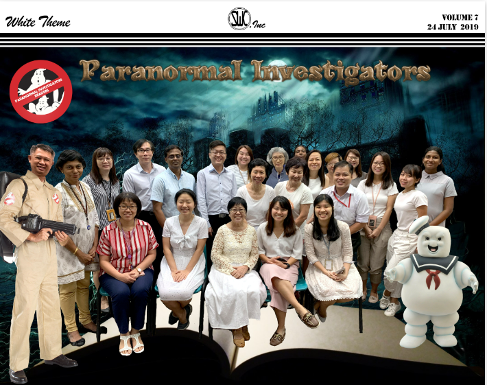 A group of people dressed in all white except for one in striped red calling themselves paranormal investigators